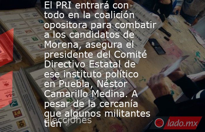 El PRI entrará con todo en la coalición opositora para combatir a los candidatos de Morena, asegura el presidente del Comité Directivo Estatal de ese instituto político en Puebla, Néstor Camarillo Medina. A pesar de la cercanía que algunos militantes tien. Noticias en tiempo real