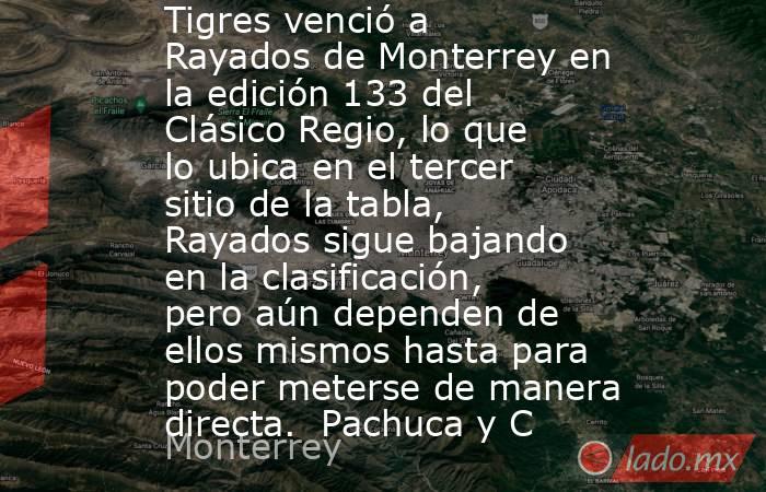 Tigres venció a Rayados de Monterrey en la edición 133 del Clásico Regio, lo que lo ubica en el tercer sitio de la tabla, Rayados sigue bajando en la clasificación, pero aún dependen de ellos mismos hasta para poder meterse de manera directa.  Pachuca y C. Noticias en tiempo real