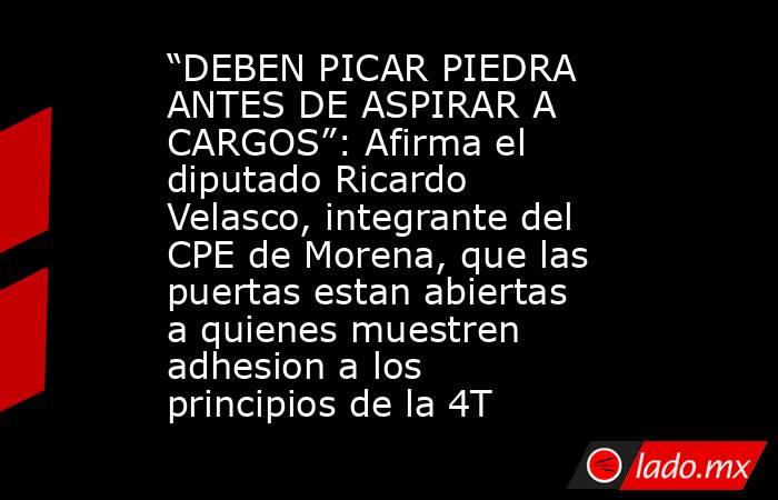 “DEBEN PICAR PIEDRA ANTES DE ASPIRAR A CARGOS”: Afirma el diputado Ricardo Velasco, integrante del CPE de Morena, que las puertas estan abiertas a quienes muestren adhesion a los principios de la 4T. Noticias en tiempo real