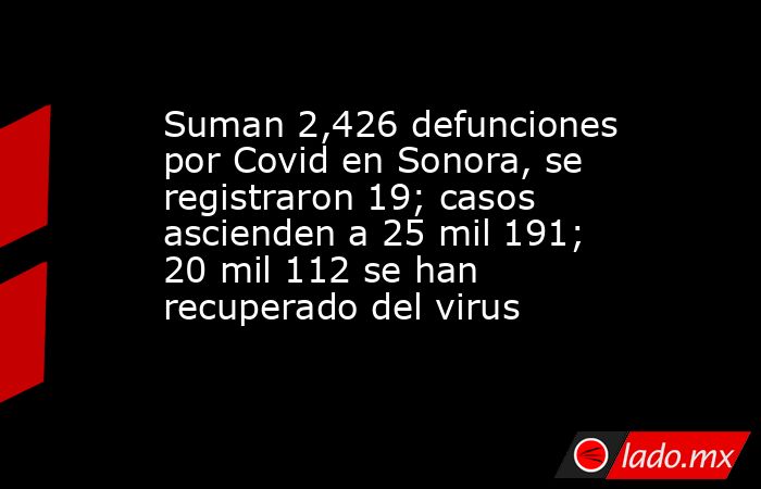 Suman 2,426 defunciones por Covid en Sonora, se registraron 19; casos ascienden a 25 mil 191; 20 mil 112 se han recuperado del virus. Noticias en tiempo real